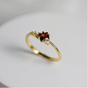 Può includere: Un anello d'oro con una gemma rossa scura quadrata e piccole pietre chiare di accento. L'anello ha una fascia sottile e un design minimalista, perfetto per l'uso quotidiano.