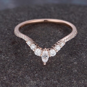 Antique Moissanite Wedding Band: 14K Rose Gold Marquise Crown Ring