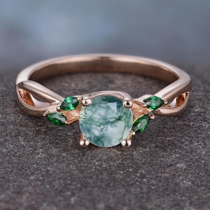 Dainty Round Cut Moss Agate Ring Vintage Unique Cluster Green Moss Agate Engagement Ring 14k Rose Gold Emerald Wedding Ring For Women