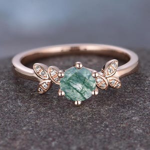 Dainty Round Cut Moss Agate Ring Vintage Unique Cluster Green Moss Agate Engagement Ring 14k Rose Gold Moissanite Wedding Ring For Women