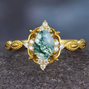 Moss Agate Engagement Ring: Art Deco Oval, Gold Moissanite Cluster