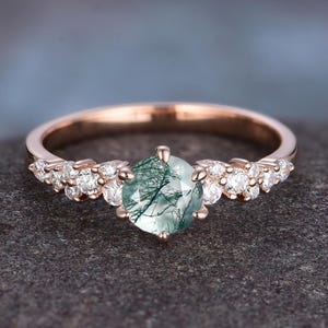 Dainty Round Cut Moss Agate Ring Vintage Unique Cluster Green Moss Agate Engagement Ring 14k Rose Gold Moissanite Wedding Ring For Women