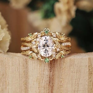 Leaf Moissanite Engagement Ring Set: Green Sapphire 14K Gold Bridal Jewelry