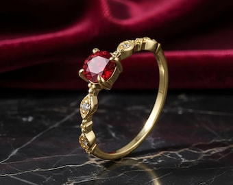 Gouden robijnrode verlovingsring vintage rode edelsteenring met diamantaccenten sierlijke geelgouden beloftering voor vrouwen, jubileum sieraden cadeau