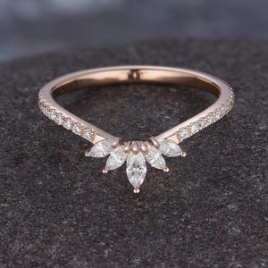 Moissanite Marquise Crown Ring: 14K Rose Gold Wedding Band