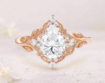 Rose Gold Pear Moissanite Ring: Leaf Vine Engagement Jewelry