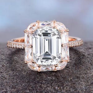 Stunning Vintage Emerald Cut Moissanite Engagement Ring Unique 14k Rose Gold Wedding Band Cluster Promise Ring Perfect Anniversary Gift