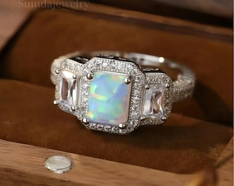 Vintage S925 Sterling Silver Opal Ring: Platinum Plated Cubic Zirconia