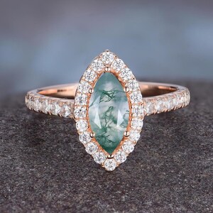 Marquise Cut Green Moss Agate Engagement Ring Art Deco Rose Gold Vintage Ring Unique Cluster Ring Bridal Promise Ring Anniversary Gift