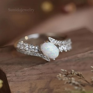 Opal Ring Sterling Silver | White Fire Opal & CZ Ring | Dainty S925 October Birthstone Ring for Her | Gift for Women | Promise Ring
