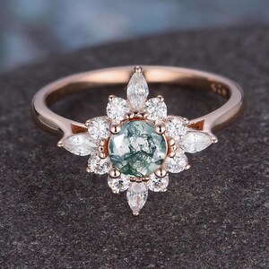 Dainty Round Cut Moss Agate Ring Vintage Unique Cluster Green Moss Agate Engagement Ring 14k Rose Gold Moissanite Wedding Ring For Women