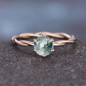 Dainty Round Cut Moss Agate Ring Vintage Unique Cluster Green Moss Agate Engagement Ring 14K Rose Gold Moissanite Wedding Ring For Women