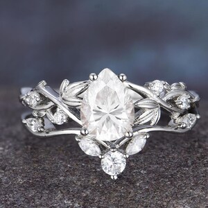 Leaf Style Moissanite Engagement Ring Set Vintage Unique White gold Pear Cut Engagement Ring Branch wedding Moissanite Promise ring set