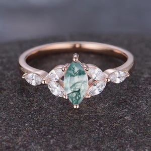 Marquise Cut Green Moss Agate Engagement Ring Art Deco Rose Gold Vintage Ring Unique Cluster Ring Bridal Promise Ring Anniversary Gift