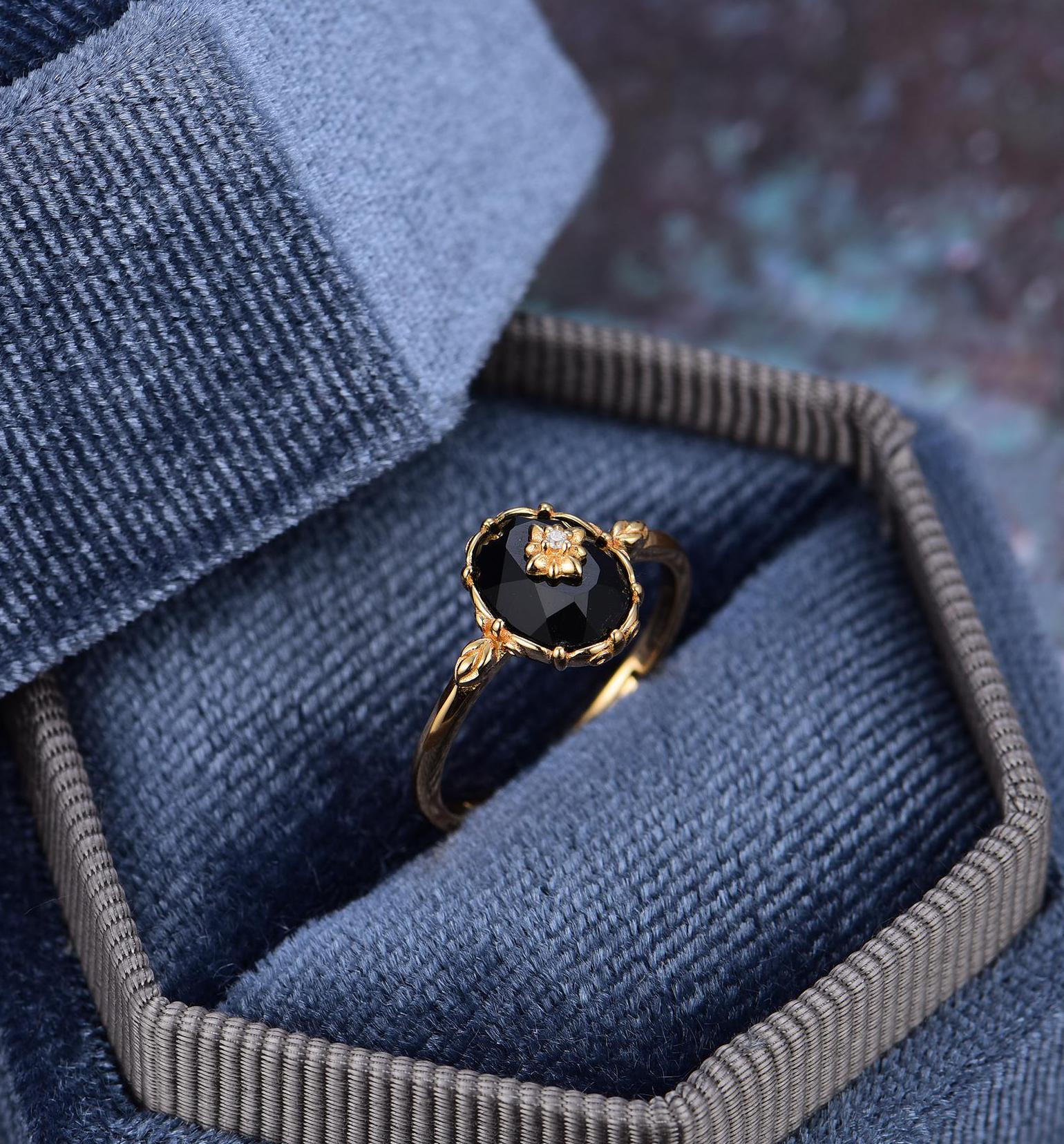 Vintage Art Deco Black Onyx Ring: Handmade Starburst Engagement Ring