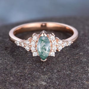 Marquise Cut Green Moss Agate Engagement Ring Art Deco Rose Gold Vintage Ring Unique Cluster Ring Bridal Promise Ring Anniversary Gift