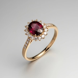 Ruby Halo Engagement Ring – 14K Gold Oval Red Gemstone Ring with Diamond Accents, Vintage Inspired Promise Ring for Women