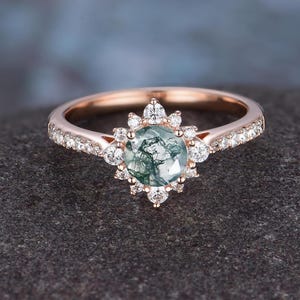 Dainty Round Cut Moss Agate Ring Vintage Unique Cluster Green Moss Agate Engagement Ring 14k Rose Gold Moissanite Wedding Ring For Women