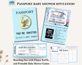 Passport Baby Shower Invitation Set: Travel Theme, Boarding Pass (Editable Canva Template)