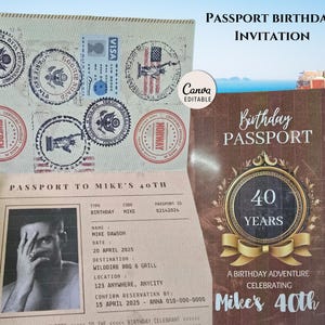 Convite de aniversário com passaporte, convite de aniversário com tema de viagem, cartão de convite de aniversário com tema de destino, convite inspirado em viagem, convites de aniversário personalizados