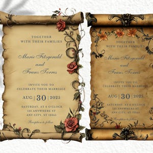 Puede incluir: Dos invitaciones de boda vintage sobre papel pergamino. Presentan diseños florales y de pergamino, los nombres de Marie Fitzgerald y Franz Torres, y la fecha del 30 de agosto de 2025. Formato de pergamino.