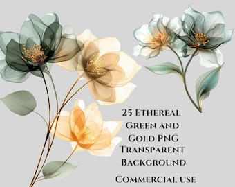 May include: A set of 25 digital illustrations of ethereal green and gold flowers with transparent backgrounds. The flowers are delicate and have a watercolor-like appearance.