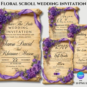 May include: Floral scroll wedding invitation set with purple floral accents and ribbon. Includes a save-the-date, RSVP, gift guide, and wedding timeline. The invitation features the names Aaron David and Rhianna Mason.