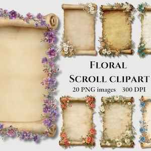 Op de afbeelding: Een verzameling bloemen scroll clipart afbeeldingen. Elke scroll is een perkamentachtig papier, versierd met kleurrijke bloemen. De scrolls zijn in verschillende maten en oriëntaties, met een verscheidenheid aan bloemstukken.