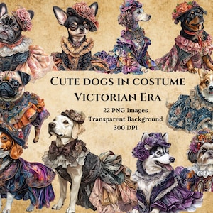 22 grillige Victoriaanse tijdperk hond PNGs schattig hondenkostuum clipart digitale download voor ambachten uitnodigingen en kunst aan de muur, decor Victoriaanse tijdperk png