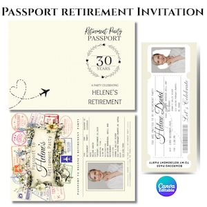 Faire-part de départ en retraite, faire-part de départ à la retraite, passeport, invitation à une fête sur le thème du voyage, fête de départ en retraite, carte de célébration de destination