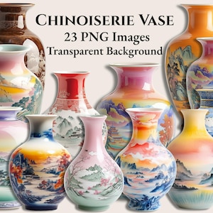 23 Chinoiserie Vase PNG Cliparts Transparent Background High-Resolution 300 DPI Vintage Floral Botanical Scenic Designs Digital Download