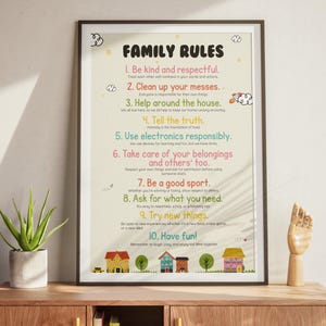 Puede incluir: Póster enmarcado con el texto "FAMILY RULES" en una fuente lúdica. El póster enumera diez reglas para la vida familiar, incluyendo ser amable, limpiar los desastres y divertirse. El diseño incluye ilustraciones coloridas de casas y árboles.