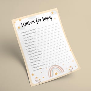 May include: A baby shower game card with the words "Wishes for baby" at the top. The card has lines for guests to write wishes. The design includes stars, clouds, a rainbow, and flowers in soft pastel colors.
