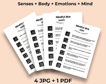 May include: A stack of white cards with the words "Mindful dice" and related prompts. Each card features a black die graphic. The cards are labeled "Senses," "Body," "Emotions," and "Mind." The image also includes the text "4 JPG + 1 PDF."