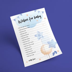 May include: A baby shower game card with the text "Wishes for baby" in a whimsical font. The card features a blue and orange color scheme with star and balloon illustrations. The card includes prompts for guests to write wishes.