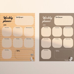 Puede incluir: Dos blocs de notas de planificación semanal. Uno es melocotón con rayas horizontales, el otro es gris. Cada uno tiene las palabras "Weekly planer" y "Date" en la parte superior. Los días de la semana están listados, junto con un espacio para notas y una pequeña ilustración de perro.