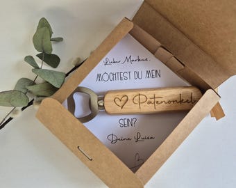 Patenonkel / Patentante fragen – personalisierter Flaschenöffner im Geschenkset | Taufgeschenk