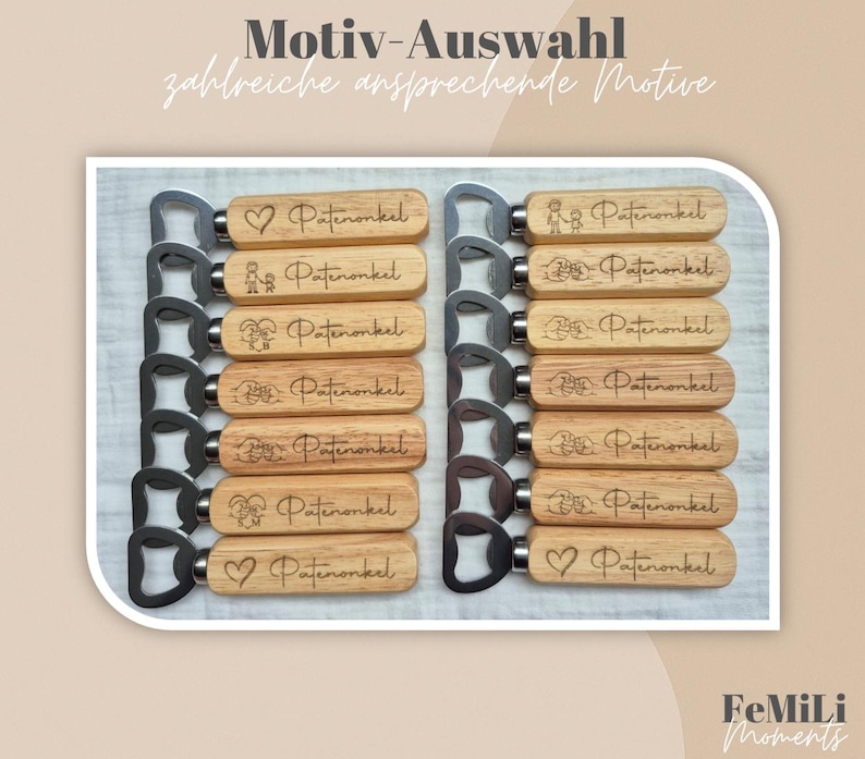 Pode incluir: Abridor de garrafas de madeira com tampas de a&ccedil;o inoxid&aacute;vel. Cada abridor tem um design &uacute;nico e a palavra "Patenonkel" gravada na al&ccedil;a de madeira. A imagem tamb&eacute;m inclui o texto "Motiv-Auswahl zahlreiche ansprechende Motive".
