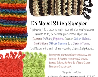 Crochet Tutorial, How to Crochet 13 novel Stitches, PDF download