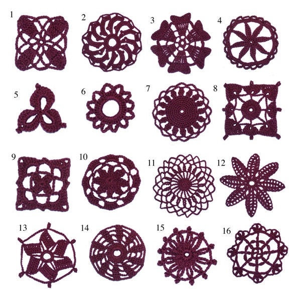 Crochet Lace Patterns, 16 Individual Motifs, PDF Ebook download
