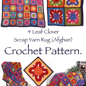 4 Leaf Clover Motif, Afghan blanket Rug, Scrap Yarn Crochet Pattern, PDF Download image 2