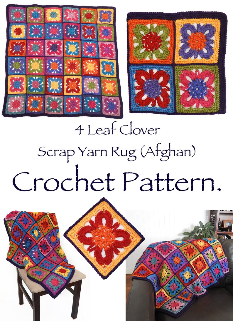 4 Leaf Clover Motif, Afghan blanket Rug, Scrap Yarn Crochet Pattern, PDF Download image 2