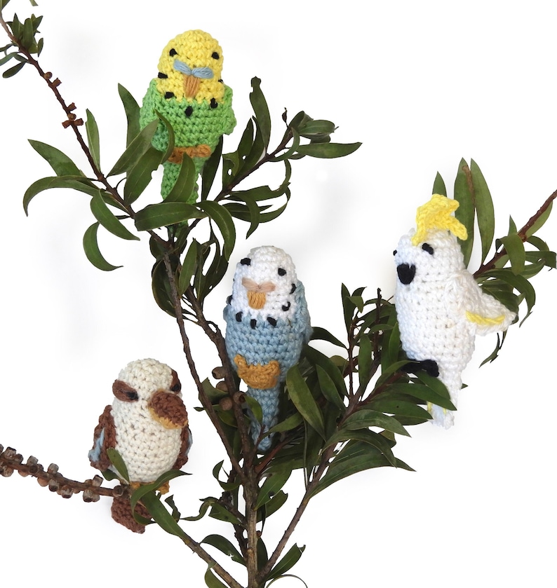 3 tiny Aussie Birds, Budgie, Kookaburra, cockatoo, Amigurumi Crochet PDF Pattern Bundle image 1