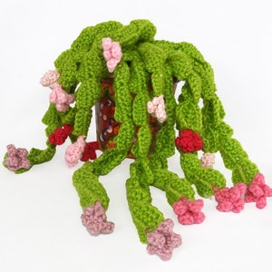 May include: A handmade crochet plant with trailing green leaves and pink and red flowers. The plant is in a decorative brown pot with colorful floral designs. The crochet work is detailed and the colors are vibrant.