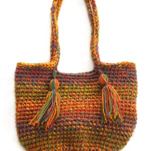 May include: A crocheted tote bag with a multi-colored yarn in shades of orange, green, and brown. The bag has two long straps and two tassels.
