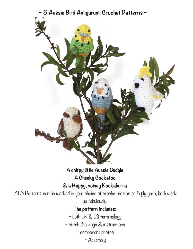 3 tiny Aussie Birds, Budgie, Kookaburra, cockatoo, Amigurumi Crochet PDF Pattern Bundle image 2