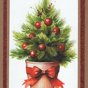 May include: Watercolor painting of a Christmas tree in a pot, decorated with red ornaments and a red bow. The tree is set against a white background, framed by a brown border and a red glitter border.