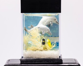 Dollhouse Miniature Salt Water Dolphin Fish Tank Aquarium with Electric Mini Plug In Lighted Hood Hand Made OOAK NO STAND