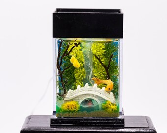 Dollhouse Miniature Fresh Water Goldfish Tank Aquarium with Electric Mini Plug In Lighted Hood Hand Made OOAK NO STAND