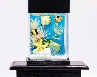 Dollhouse Miniature Salt Water Fish Tank Aquarium with Electric Mini Plug In Lighted Hood Hand Made OOAK NO STAND